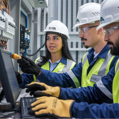 Equipo técnico revisando planos y datos de un proyecto eléctrico